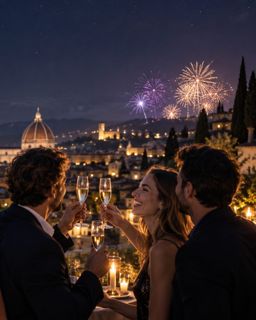 Friends toasting with champagne on a terrace as fireworks light up the city skyline
