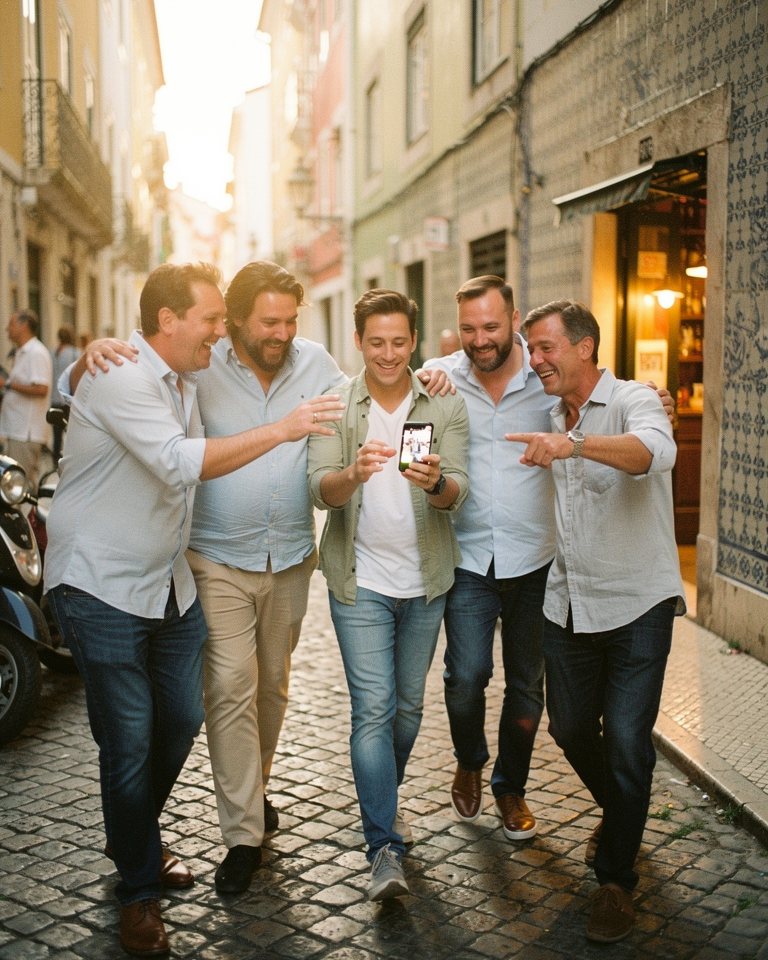 Five friends laughing on a cobbled Lisbon street on a stag weekend, one showing the plan on his iPhone
