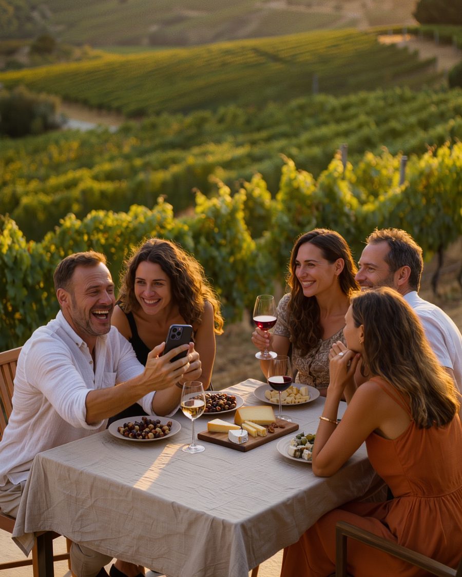 Friends at an outdoor vineyard table at golden hour, one laughing as she shows the plan on her iPhone