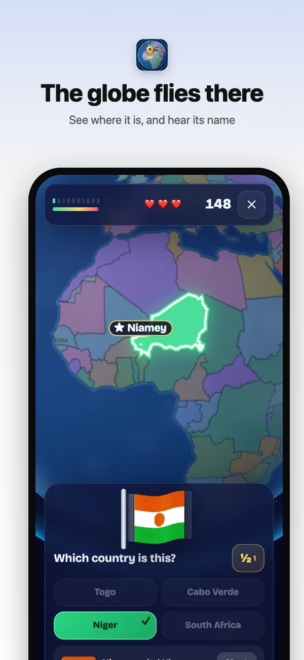 Right! The globe flies to Niger and labels Niamey