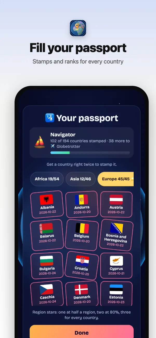 Your passport: a stamp for every country you know, and your rank