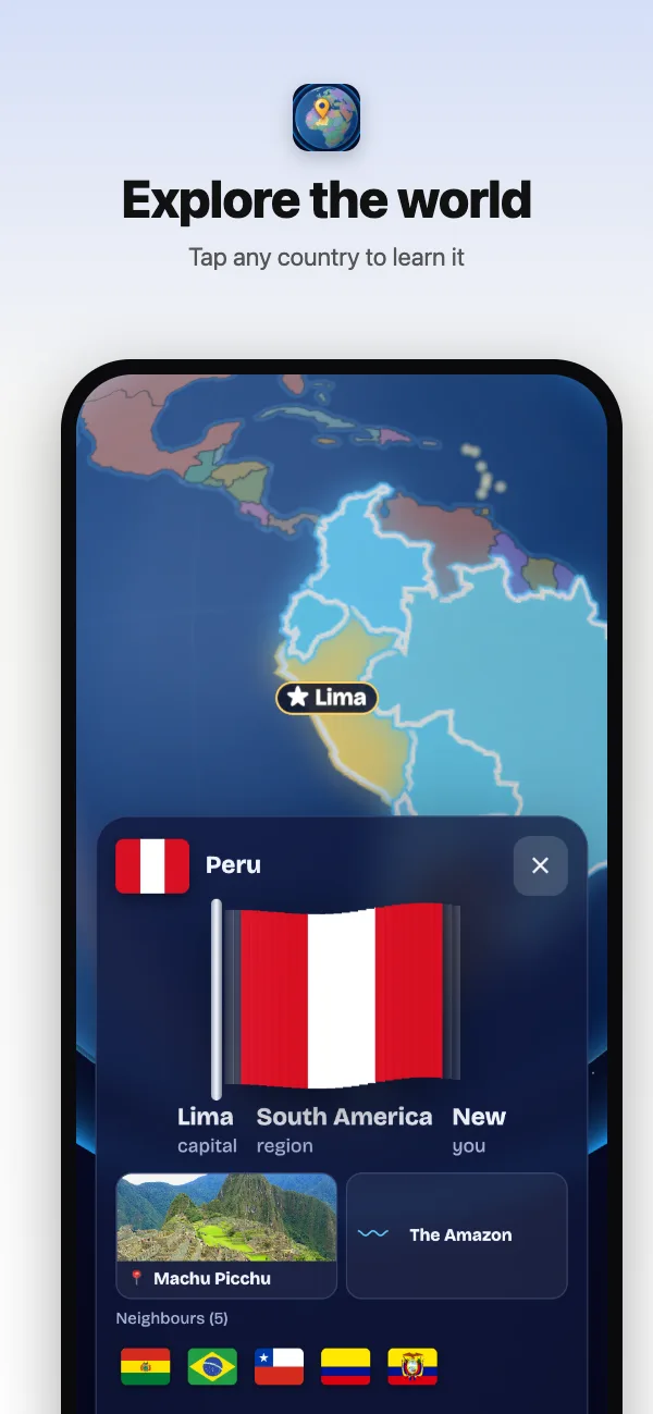 Explore: tap Peru for its flag, capital and name said aloud