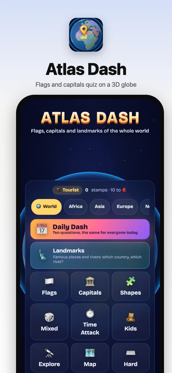 The title over the glowing globe: Flags, Capitals, Time Attack and the Daily Dash