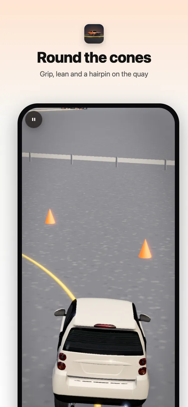 The cones course: the car leans through the gates and the hairpin