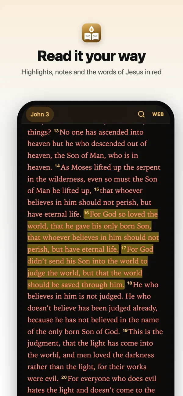 John 3 in the reader, the words of Jesus in red and verse 16 highlighted
