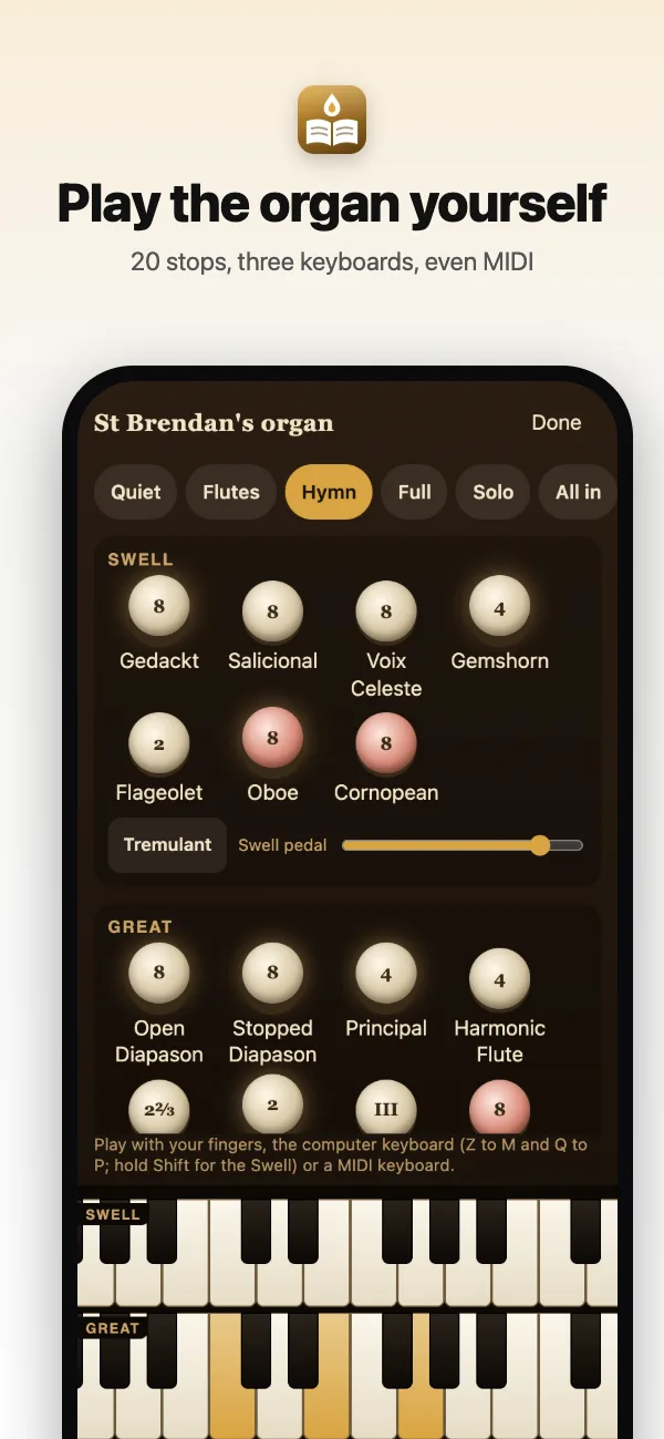 The organ console: the stops, the swell pedal and three keyboards