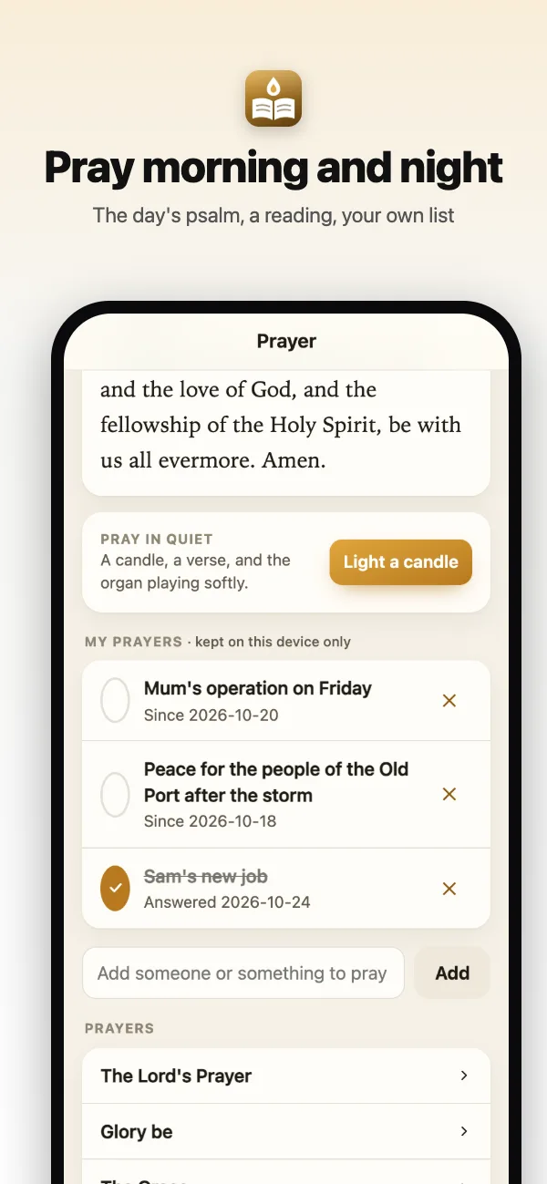 Evening prayer with the day's psalm, and a private prayer list