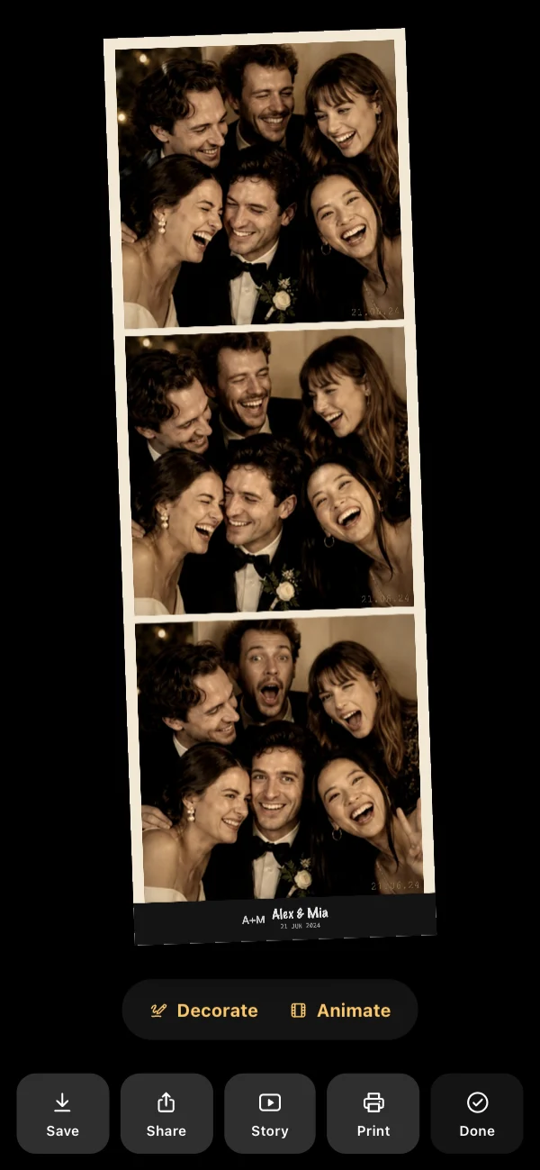 Your strip: three frames on cream paper with your initials and date