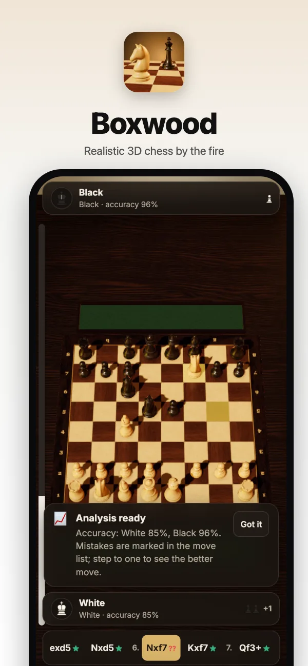 Game review: accuracy, every mistake marked and the better move