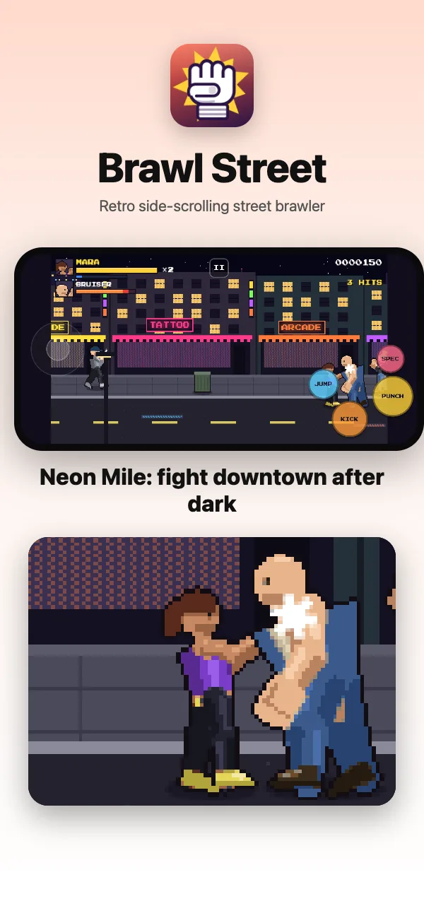Mara fights through Neon Mile downtown under shop signs