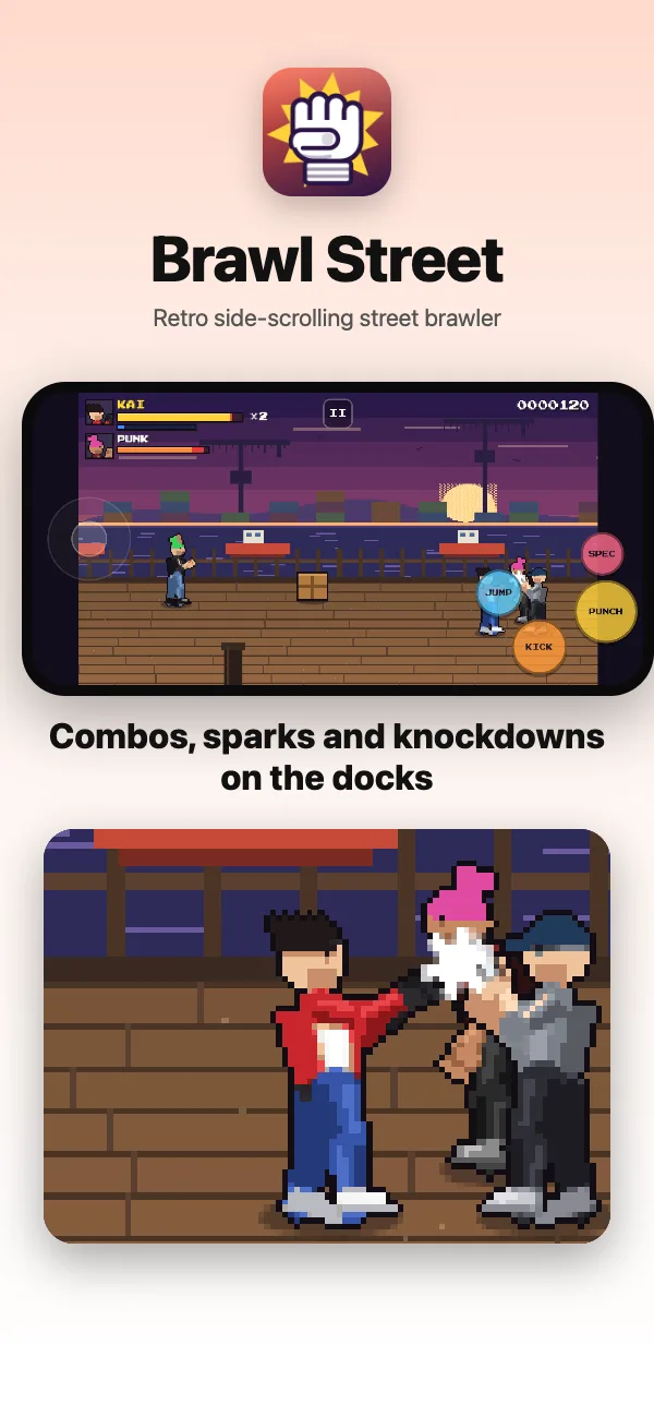 Kai lands a combo on the docks at dusk, with hit sparks and the enemy health bar