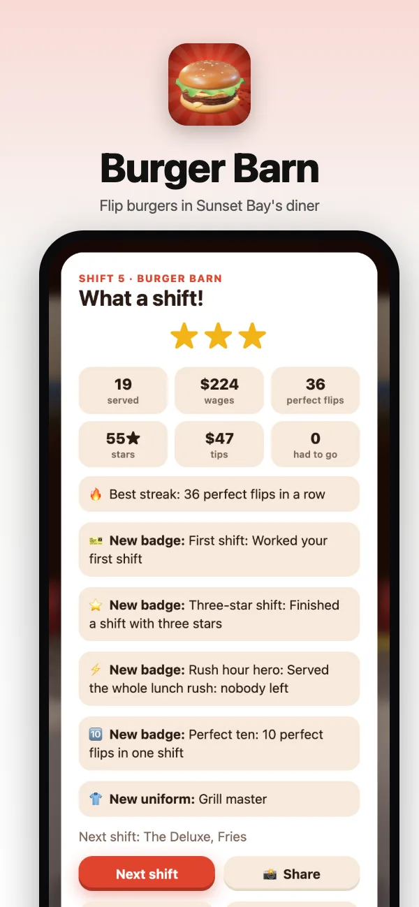 The end of a shift: three stars, wages, perfect flips and new badges