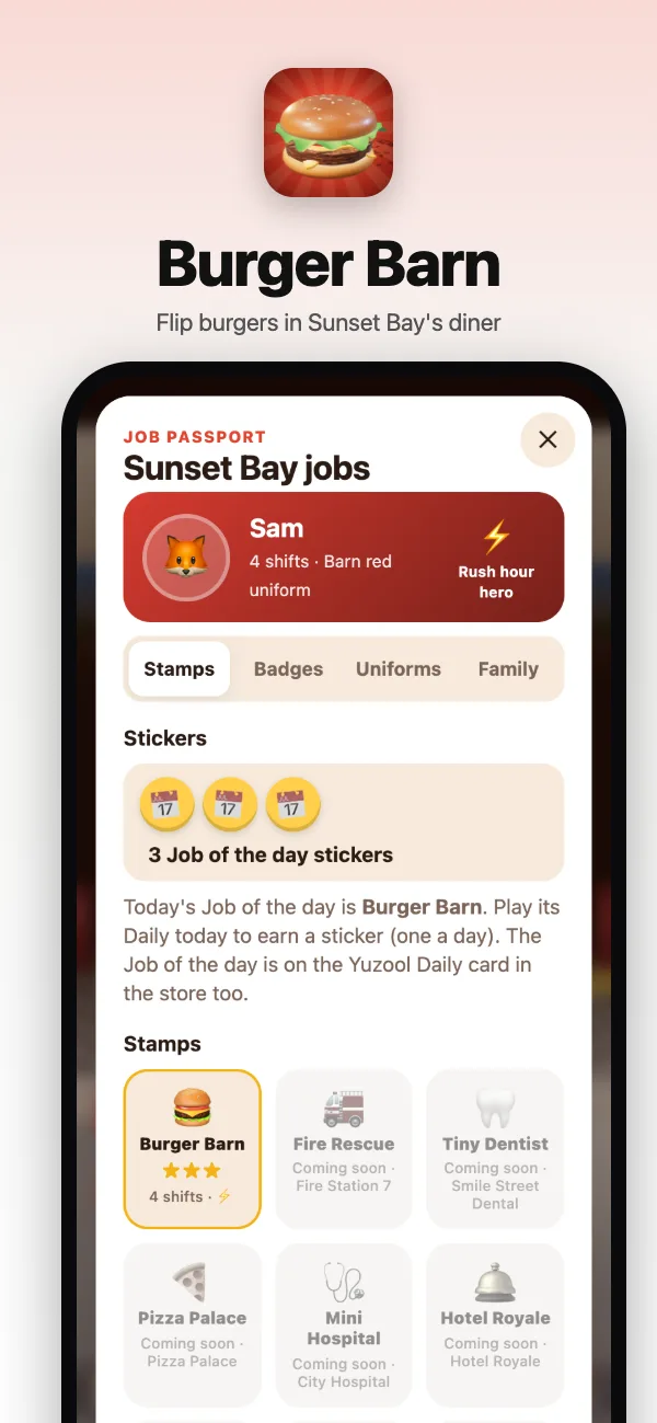 The Job Passport: stickers, stamps for every job in Sunset Bay, badges and uniforms