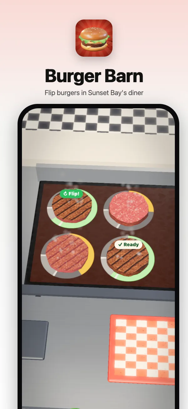 A perfect flip up close: the patties sizzle and the ring round each one turns green