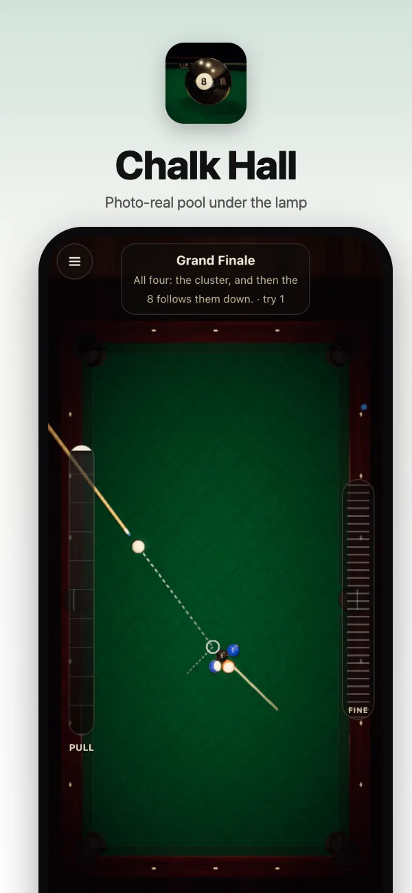 Grand Finale, a trick shot: four balls in one stroke, lined up from overhead