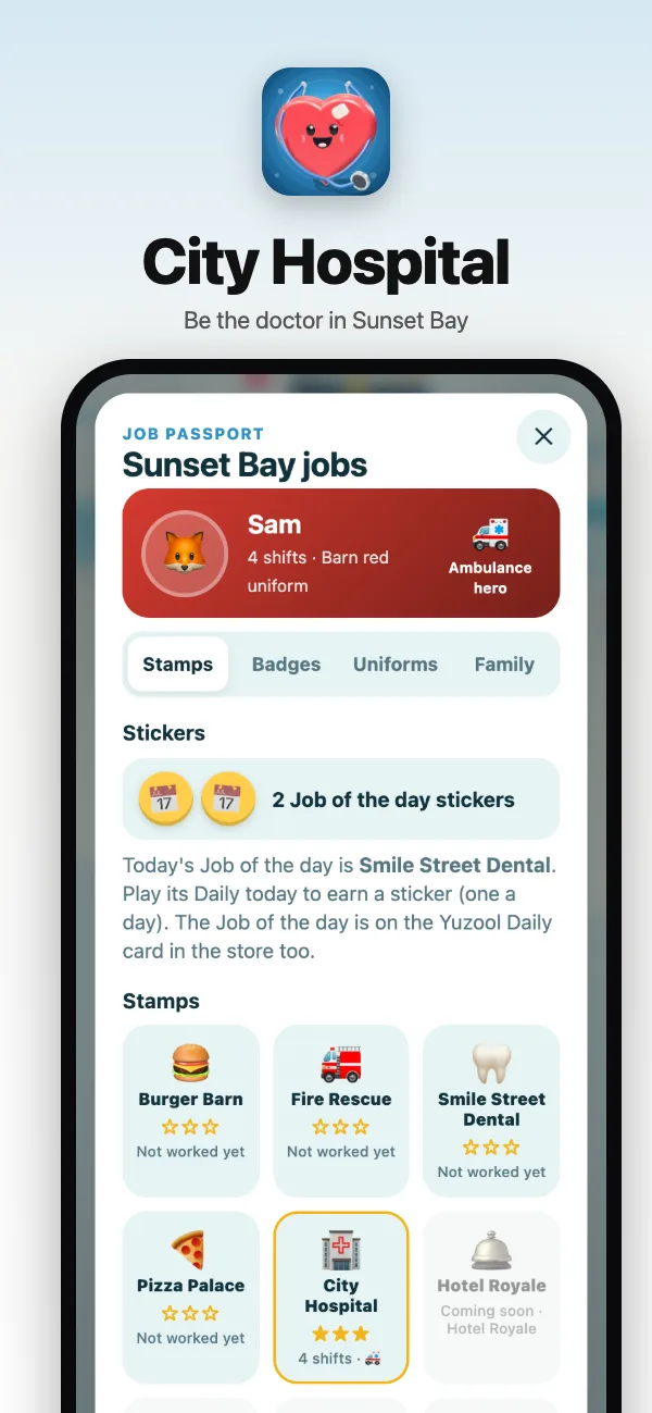 The Job Passport: stamps for every job in Sunset Bay, badges and uniforms