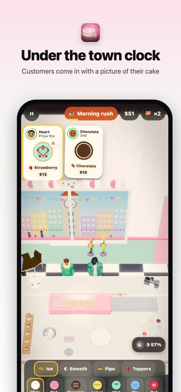 Customers at the counter of the cake shop under the town clock