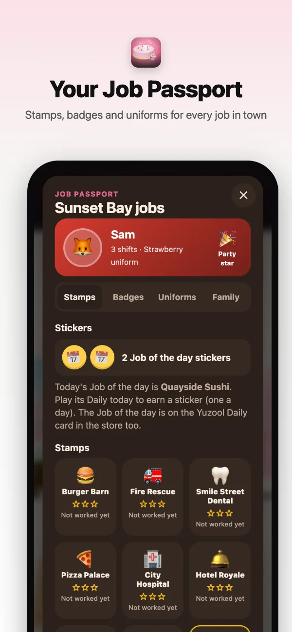 The Job Passport: stamps for every job in Sunset Bay, badges and uniforms