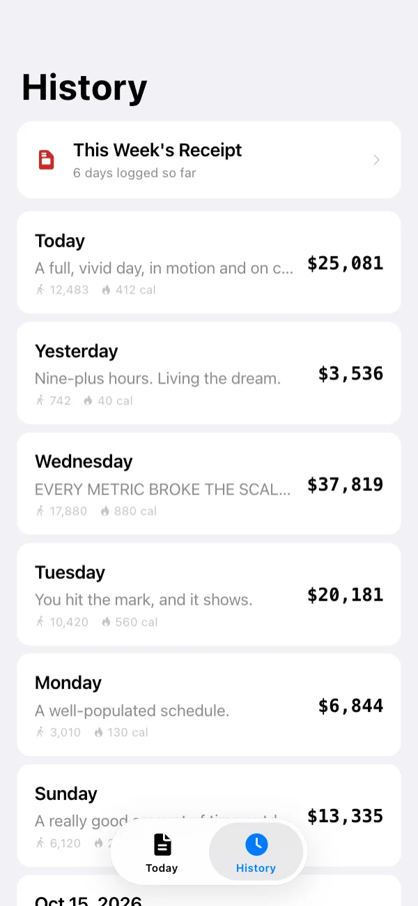 History, with this week's receipt at the top
