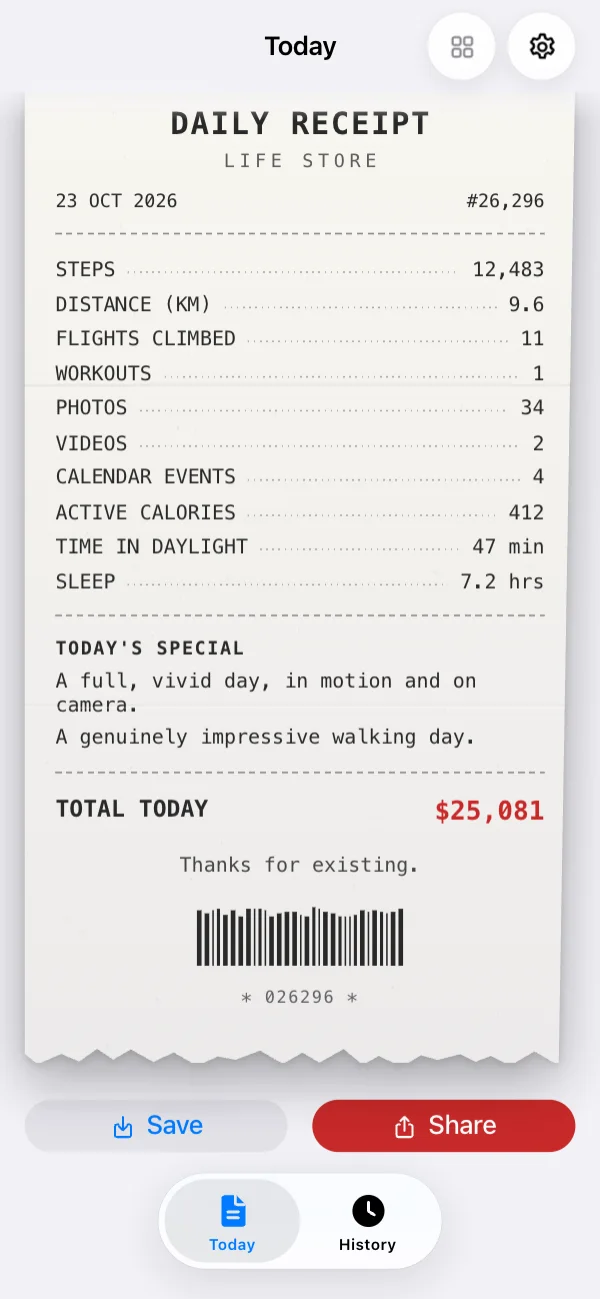 Today's receipt: your day itemized, with the cashier's commentary
