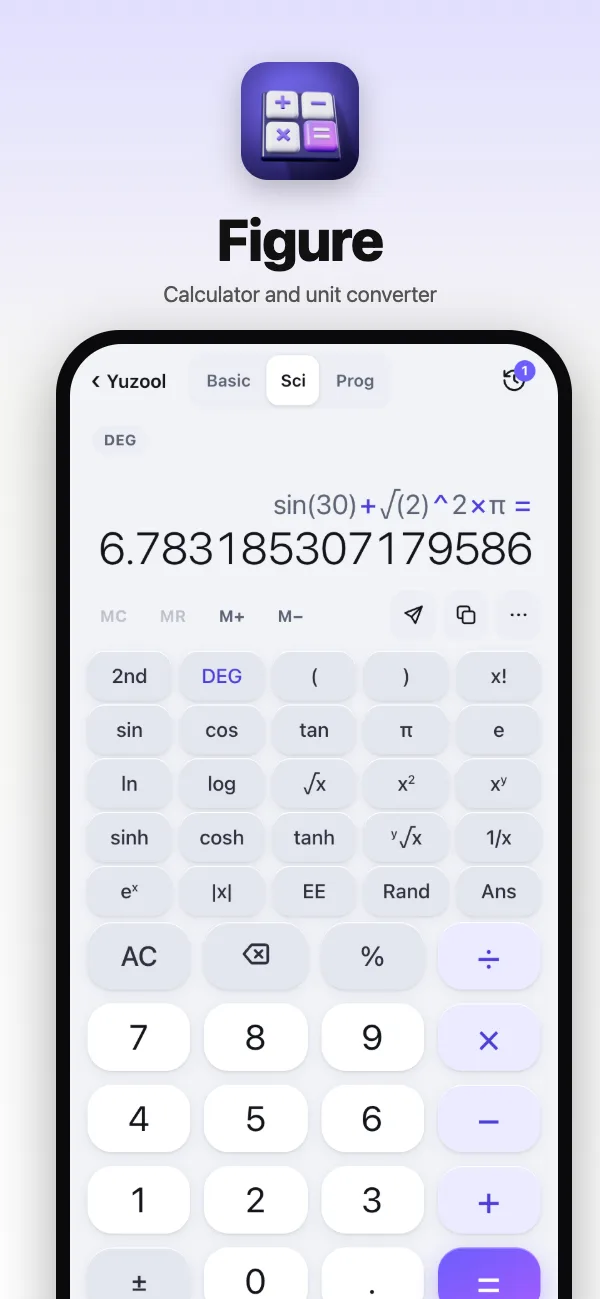 Scientific mode with sine, logs, powers and roots