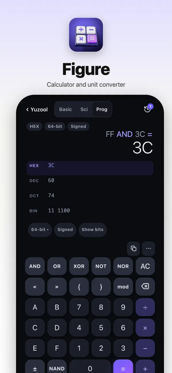 Programmer mode in hex with every base and the bits