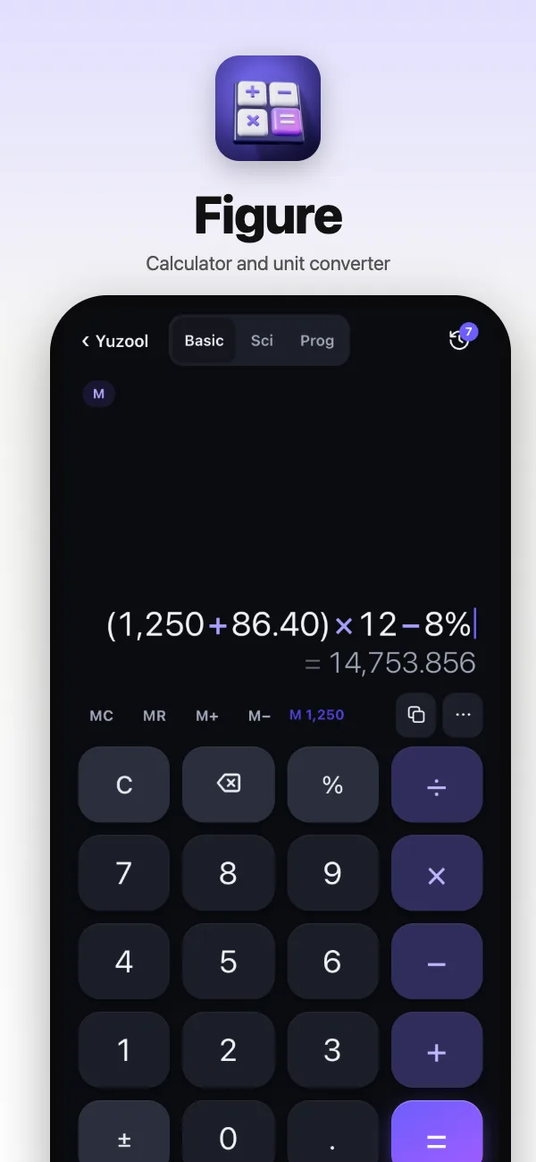 A sum typed out with its live answer and memory, and a tidy keypad