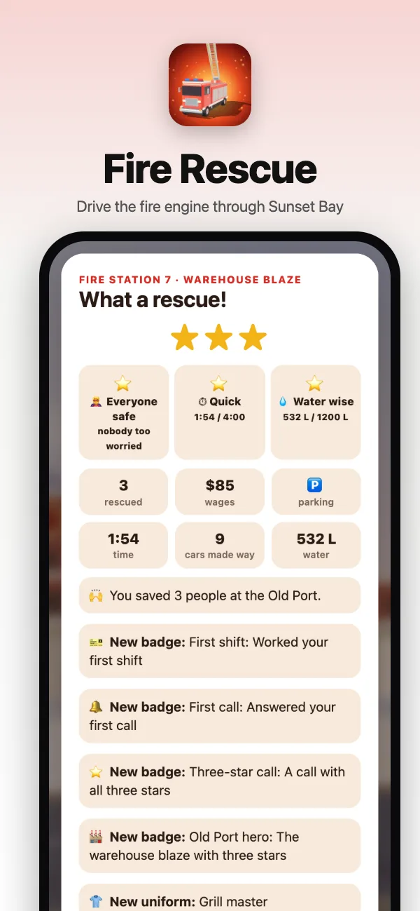 All clear: three stars, everyone safe, wages and new badges