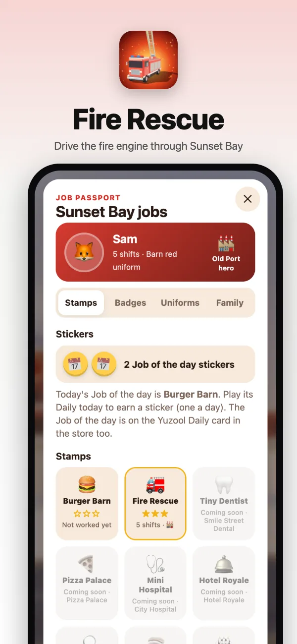 The Job Passport: stamps for every job in Sunset Bay, badges and uniforms
