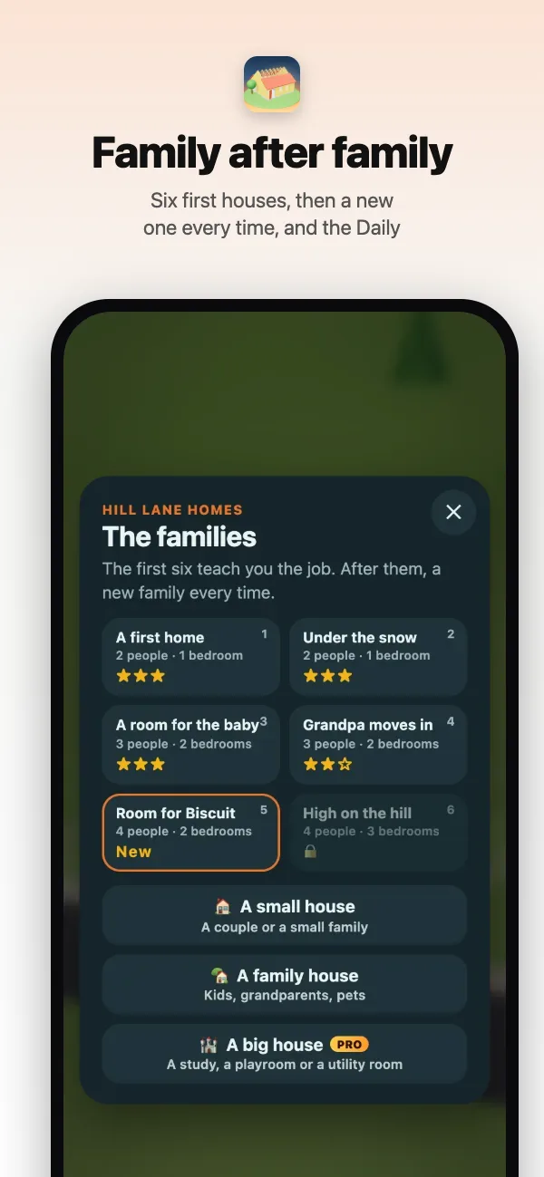 The families: six first houses, then a new family every time