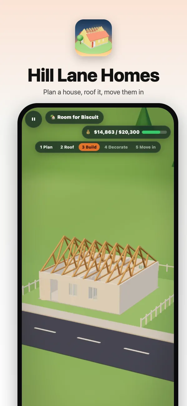 A house going up on the hillside plot: walls, windows and the timber roof frame