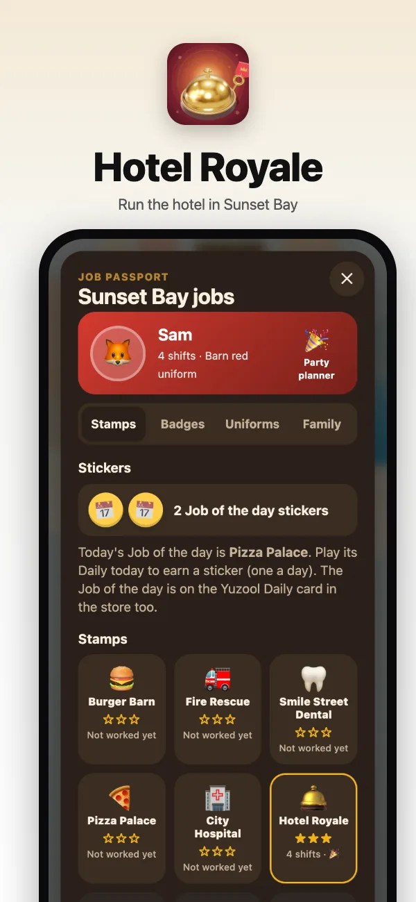 The Job Passport: stamps for every job in Sunset Bay, badges and uniforms