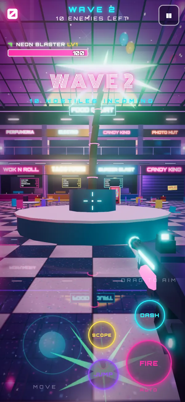 Blasting security bots in the Galaxy Arcade