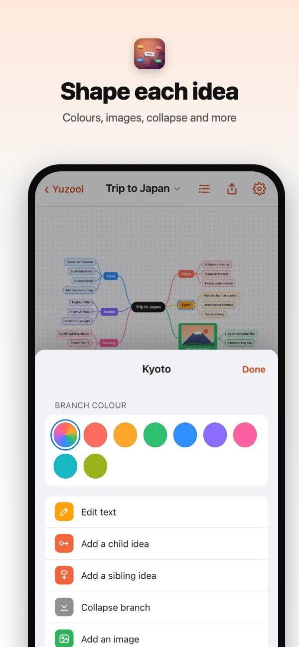 Colours and options for an idea: add, collapse, add an image, delete