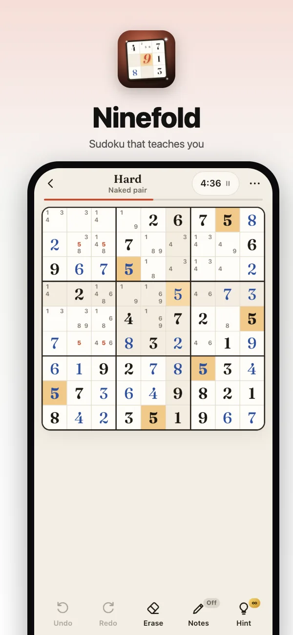 A Hard sudoku in progress, with notes and highlighting