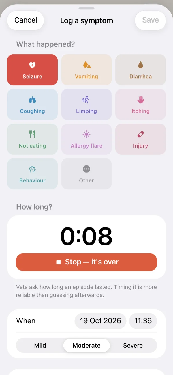 Time a seizure as it happens, then add a video for the vet