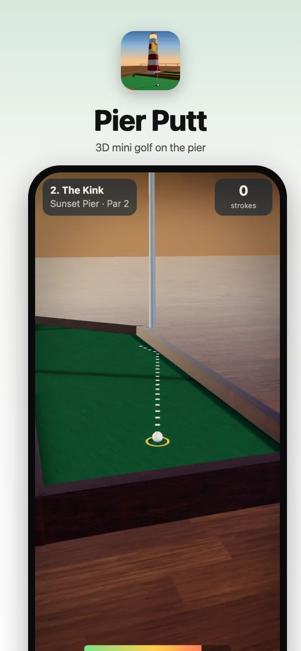 Lining up a putt on Sunset Pier, the dots showing the line to the first bounce