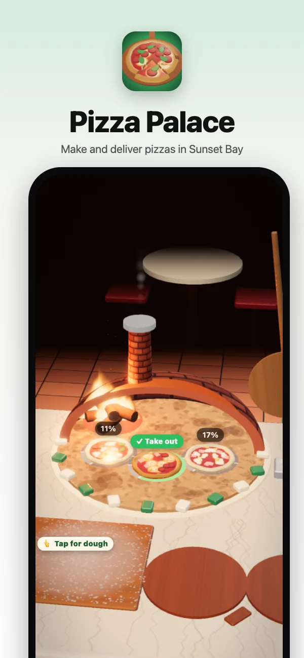 The wood-fired oven glowing, with three pizzas baking and one ready to turn