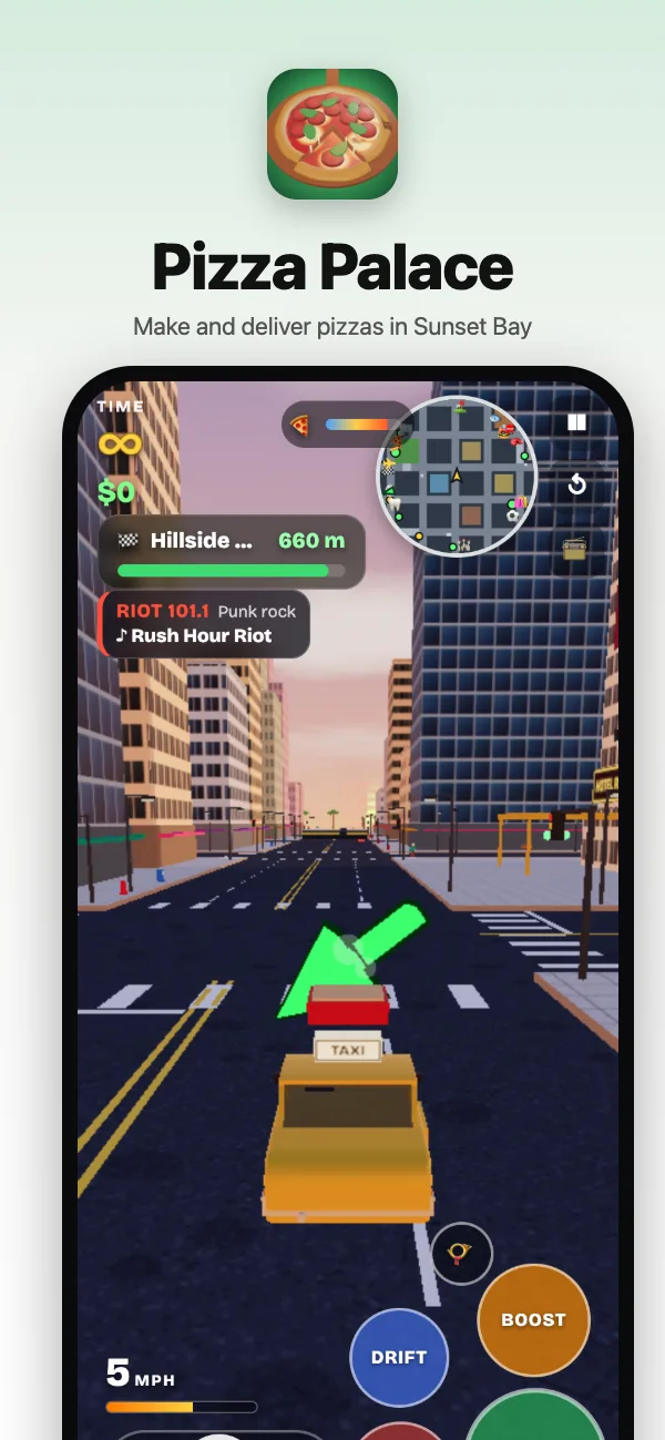 A pizza delivery fare in Fare Frenzy's taxi, with its heat meter