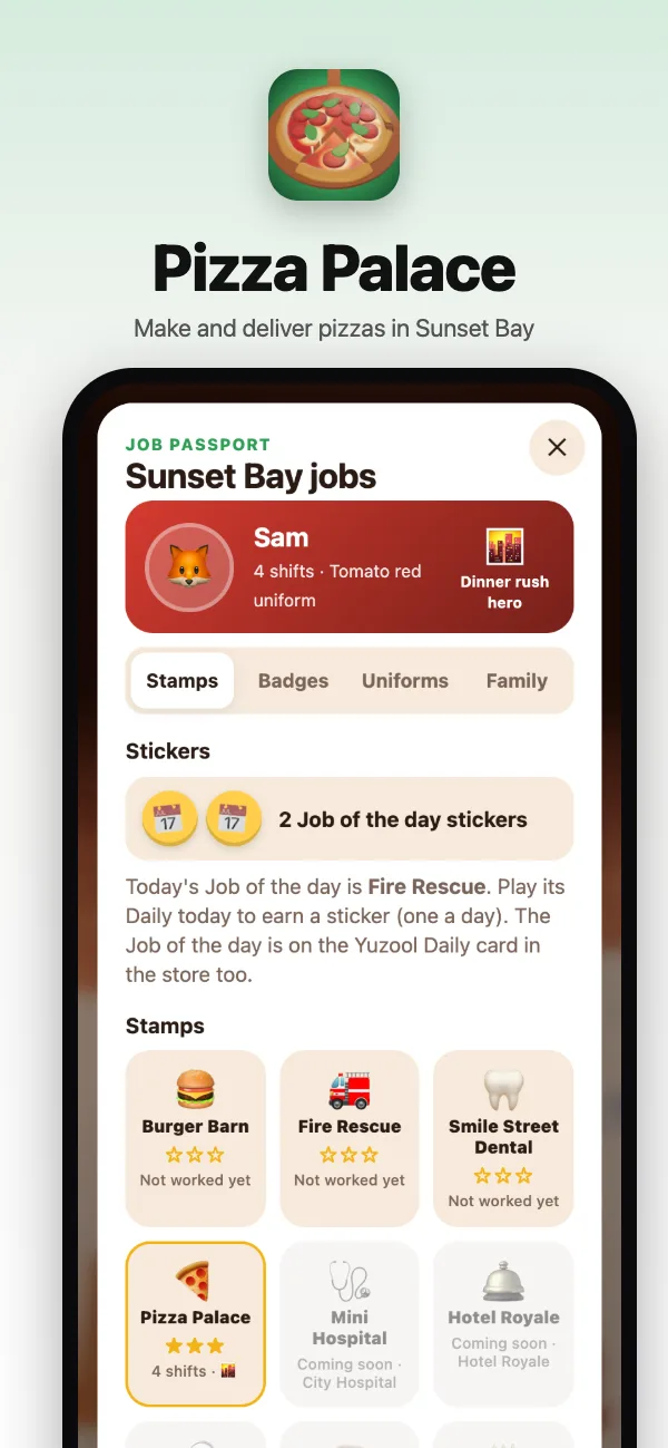The Job Passport: stamps for every job in Sunset Bay, badges and uniforms