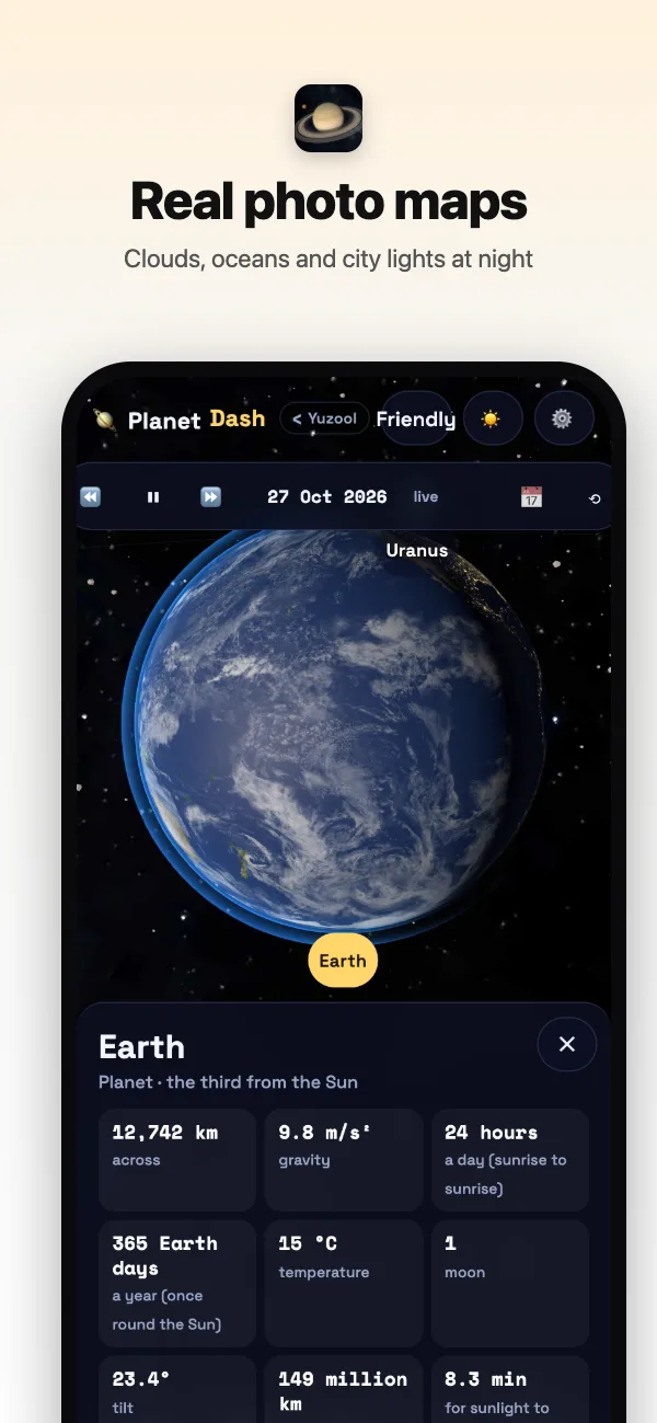 Earth with its clouds, oceans and city lights on the night side