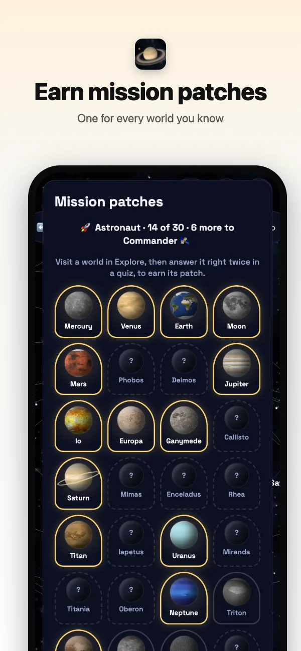 Mission patches for every world you know, and your rank