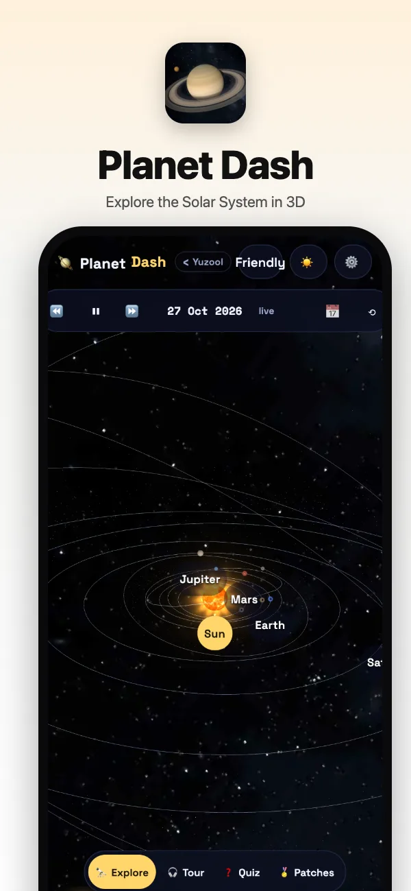 The whole Solar System today: the Sun, the planets on their orbits, the asteroid belt and their names