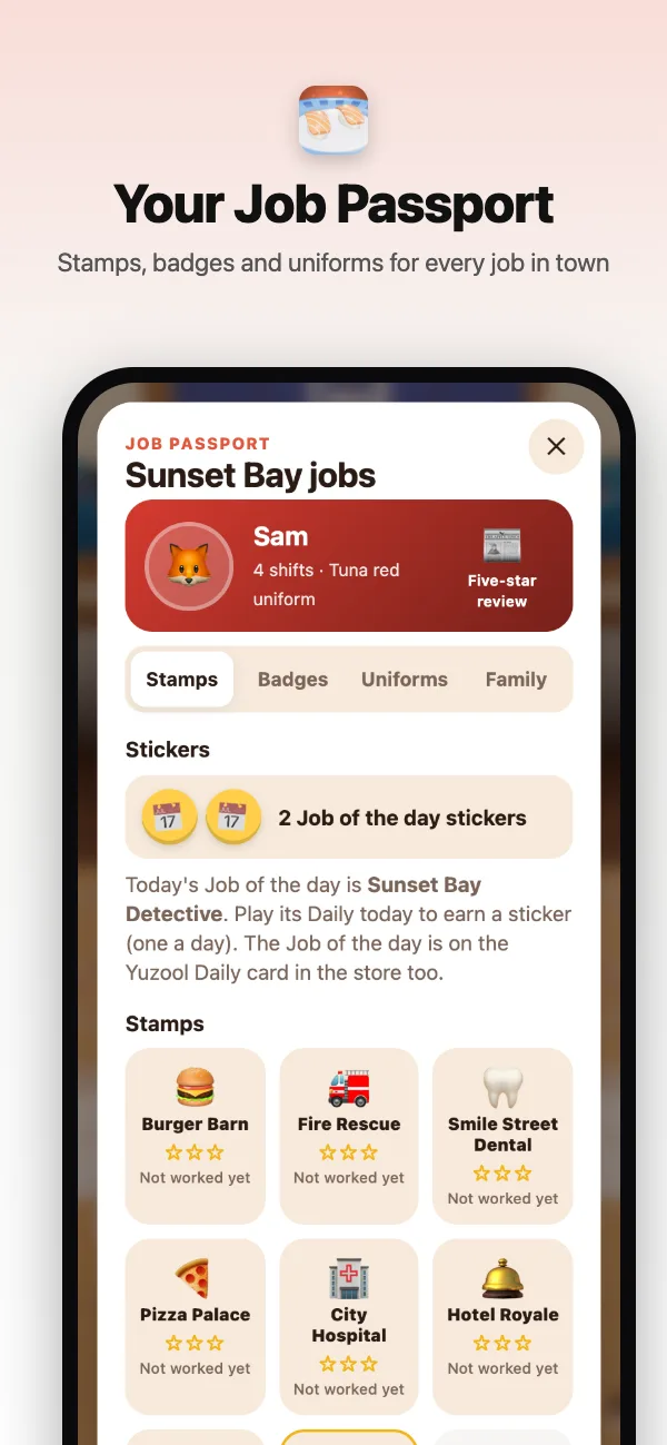 The Job Passport: stamps for every job in Sunset Bay, badges and uniforms