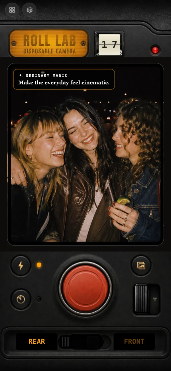 The camera: a live viewfinder, the exposure counter and the big red shutter