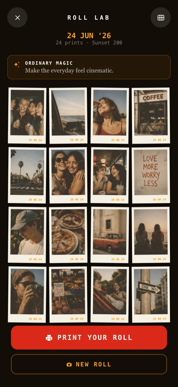 The developed roll: every frame as a print, with the date stamp