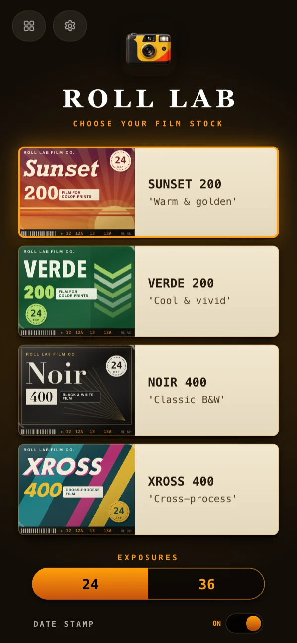 Choose your film stock: Sunset, Verde, Noir or Xross, 24 or 36 exposures