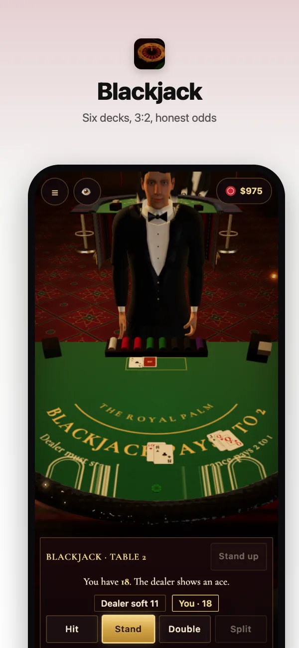 A hand of blackjack at table two: eighteen against the dealer's ace