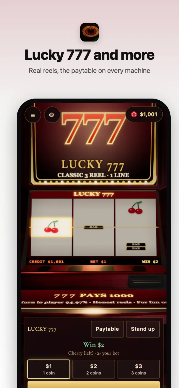 Lucky 777, a classic three-reel slot, paying a cherry