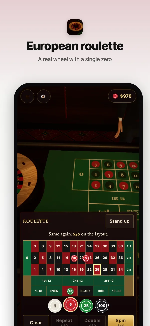 European roulette: chips on the layout after the ball lands on 25